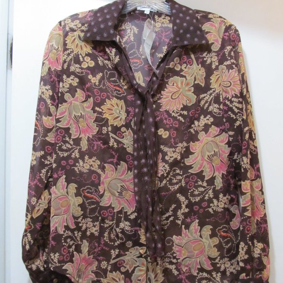 NWT Vintage Claudia Richard Floral Blouse Browns Pinks cute tie at neck - Picture 1 of 16